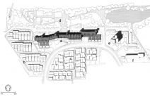 a) „Großer Kurfürst“, b) Reihenhäuser, c) Winkelhofhäuser, d) Grünanlage und Spielplatz, e) Hochhaus mit Altenwohnungen,